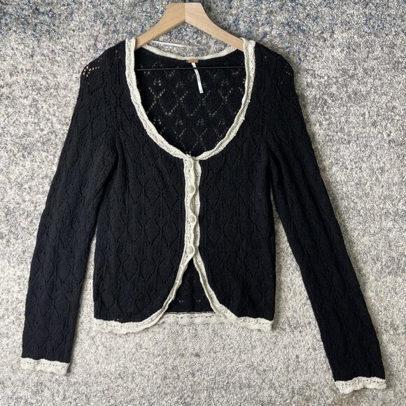 Free People Sweater Womens Medium Black Ivory Crochet Button Cardigan Boho Knit - Picture 1 of 7
